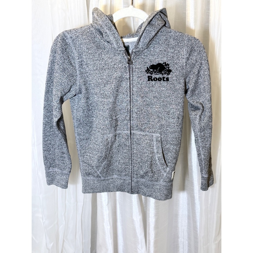 Roots Zip Hoodie Kids Size Medium 7-8 Grey Salt and Pepper Beaver Logo Fleece